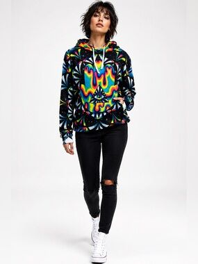 Electro Threads × BrizBazaar Rare “Trippy Hamsa” Psychedelic Neon Hoodie Size M